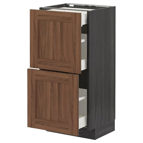 METOD / MAXIMERA - Base cab with 2 fronts/3 drawers, black Enköping/brown walnut effect, 40x37 cm