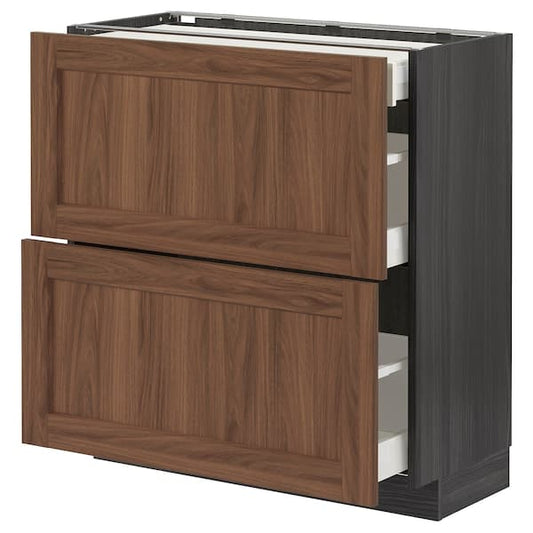 Ikea METOD / MAXIMERA - Base cab with 2 fronts/3 drawers, black Enköping/brown walnut effect, 80x37 cm