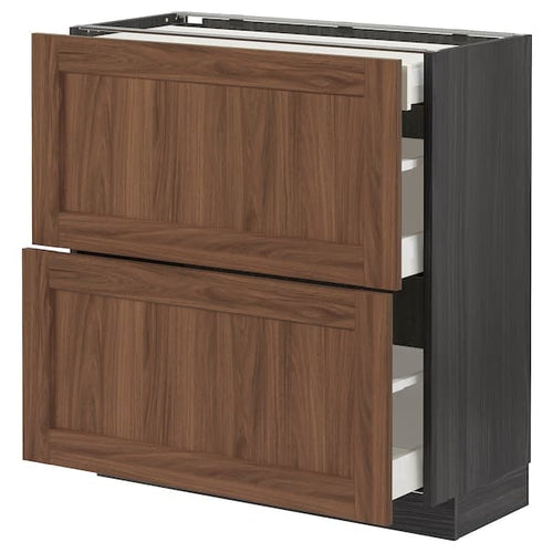 METOD / MAXIMERA - Base cab with 2 fronts/3 drawers, black Enköping/brown walnut effect, 80x37 cm