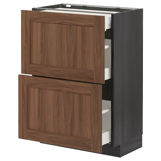 METOD / MAXIMERA - Base cab with 2 fronts/3 drawers, black Enköping/brown walnut effect, 60x37 cm - best price from Maltashopper.com 99476697