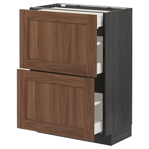 METOD / MAXIMERA - Base cab with 2 fronts/3 drawers, black Enköping/brown walnut effect, 60x37 cm