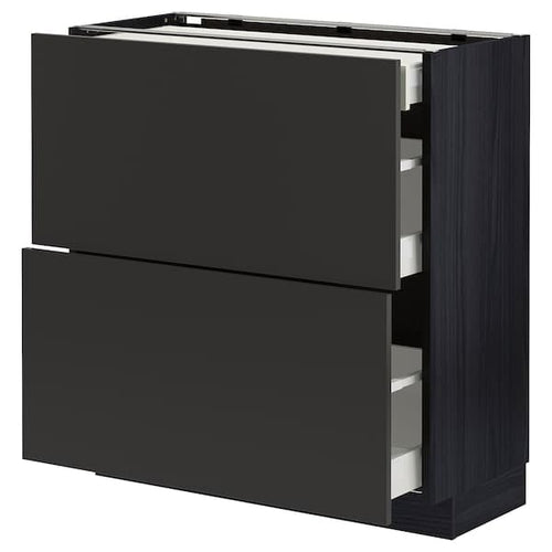 METOD / MAXIMERA - Base cab with 2 fronts/3 drawers, black/Nickebo matt anthracite, 80x37 cm