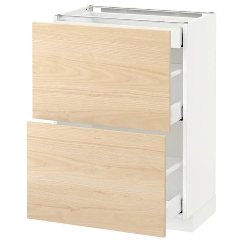 METOD / MAXIMERA - Base cab with 2 fronts/3 drawers, white/Askersund light ash effect, 60x37 cm