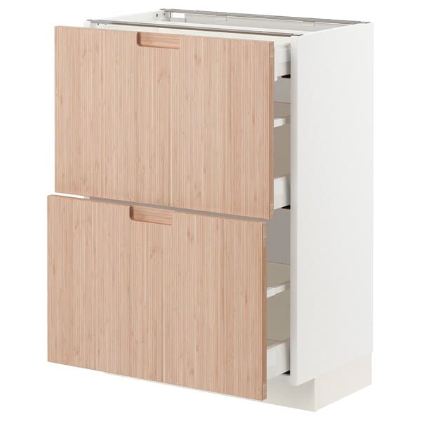 METOD / MAXIMERA - Base cab with 2 fronts/3 drawers, white/Fröjered light bamboo, 60x37 cm - best price from Maltashopper.com 49330301