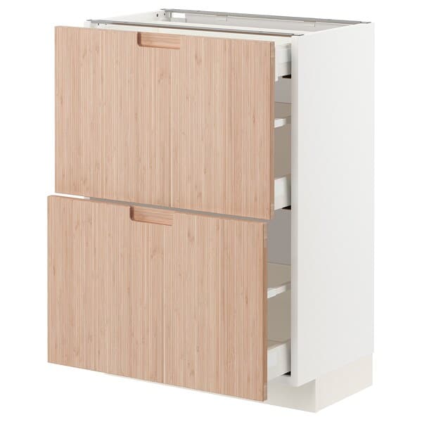 METOD / MAXIMERA - Base cab with 2 fronts/3 drawers, white/Fröjered light bamboo, 60x37 cm