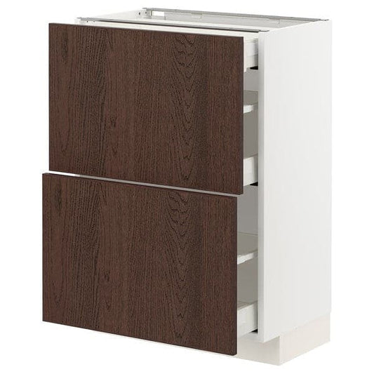 Ikea METOD / MAXIMERA - Base cab with 2 fronts/3 drawers, white/Sinarp brown , 60x37 cm