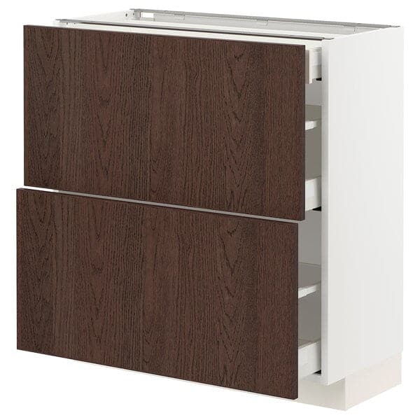 Ikea METOD / MAXIMERA - Base cab with 2 fronts/3 drawers, white/Sinarp brown, 80x37 cm