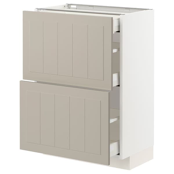 METOD / MAXIMERA - Base cab with 2 fronts/3 drawers, white/Stensund beige , 60x37 cm