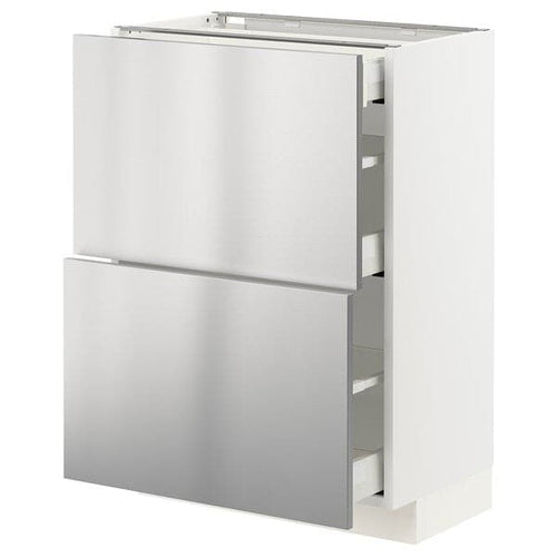 METOD / MAXIMERA - Base cab with 2 fronts/3 drawers, white/Vårsta stainless steel, 60x37 cm