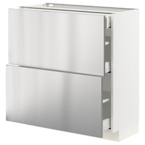 METOD / MAXIMERA - Base cab with 2 fronts/3 drawers, white/Vårsta stainless steel, 80x37 cm