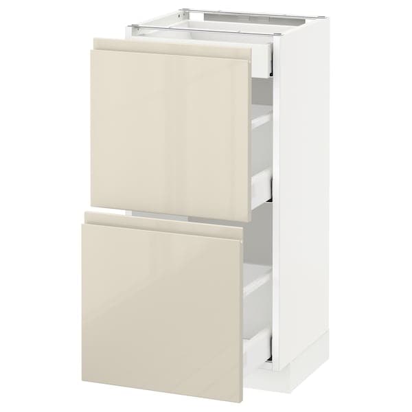 METOD / MAXIMERA - Base cab with 2 fronts/3 drawers, white/Voxtorp high-gloss light beige , 40x37 cm