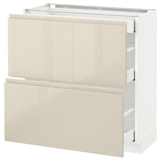 Ikea METOD / MAXIMERA - Base cab with 2 fronts/3 drawers, white/Voxtorp high-gloss light beige, 80x37 cm