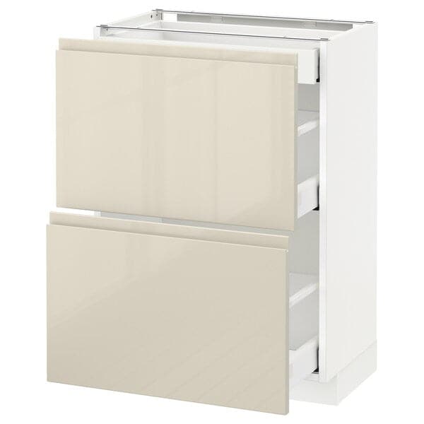 METOD / MAXIMERA - Base cab with 2 fronts/3 drawers, white/Voxtorp high-gloss light beige, 60x37 cm - best price from Maltashopper.com 39168282