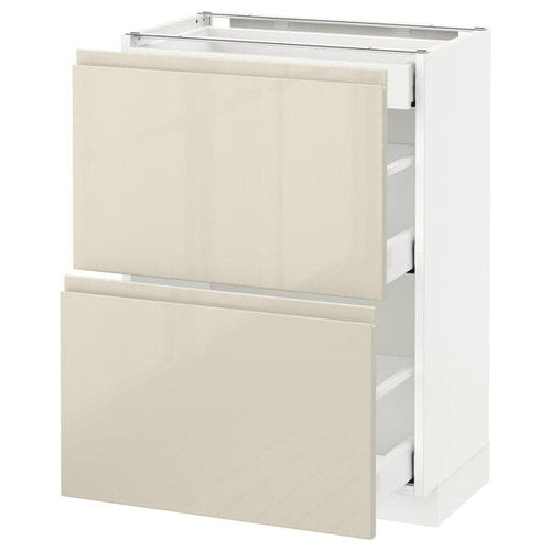 METOD / MAXIMERA - Base cab with 2 fronts/3 drawers, white/Voxtorp high-gloss light beige, 60x37 cm