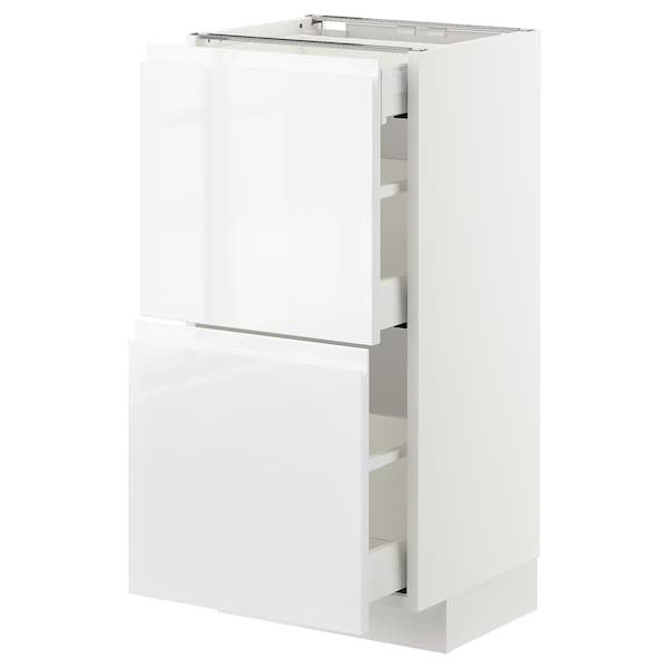 METOD / MAXIMERA - Base cab with 2 fronts/3 drawers, white/Voxtorp high-gloss/white, 40x37 cm