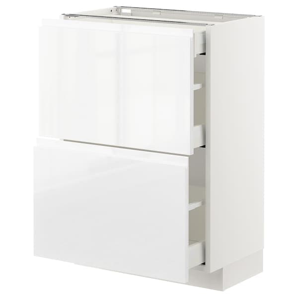 METOD / MAXIMERA - Base cab with 2 fronts/3 drawers, white/Voxtorp high-gloss/white, 60x37 cm - best price from Maltashopper.com 09255054