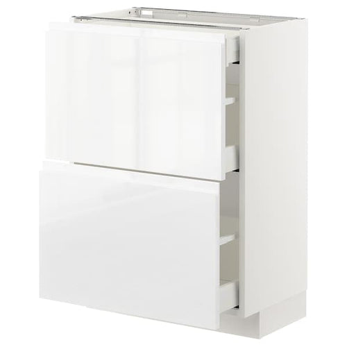 METOD / MAXIMERA base cab with 2 fronts/3 drawers, white/Voxtorp high-gloss/white, 60x37 cm