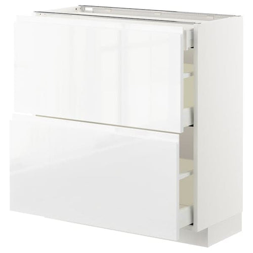 METOD / MAXIMERA - Base cab with 2 fronts/3 drawers, white/Voxtorp high-gloss/white, 80x37 cm