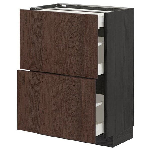 METOD / MAXIMERA - Base cab with 2 fronts/3 drawers, black/Sinarp brown, 60x37 cm