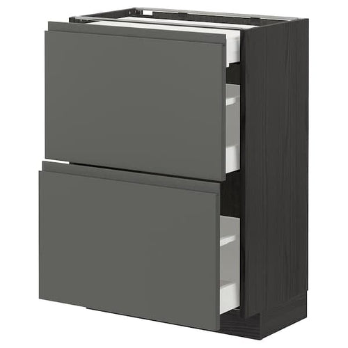 METOD / MAXIMERA - Base cab with 2 fronts/3 drawers, black/Voxtorp dark grey, 60x37 cm
