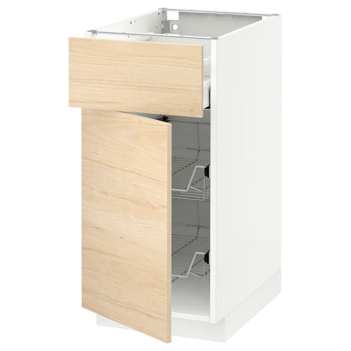 METOD / MAXIMERA - Base cab w wire basket/drawer/door, white/Askersund light ash effect, 40x60 cm