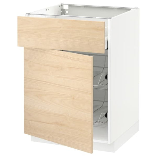 METOD / MAXIMERA - Base cab w wire basket/drawer/door, white/Askersund light ash effect, 60x60 cm - best price from Maltashopper.com 49457192