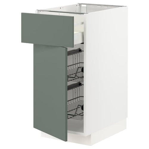 METOD / MAXIMERA - Base cab w wire basket/drawer/door, white/Bodarp grey-green, 40x60 cm