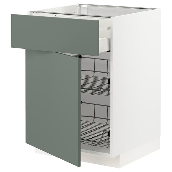 METOD / MAXIMERA - Base cab w wire basket/drawer/door, white/Bodarp grey-green , 60x60 cm