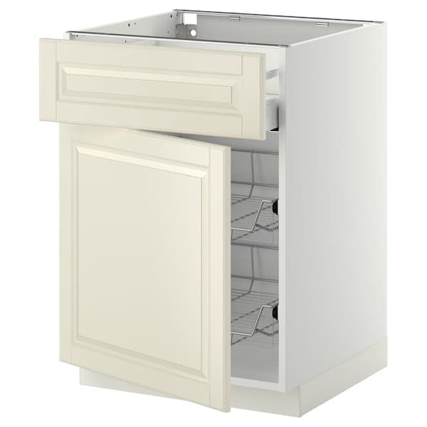 METOD / MAXIMERA - Base cab w wire basket/drawer/door, white/Bodbyn off-white, 60x60 cm