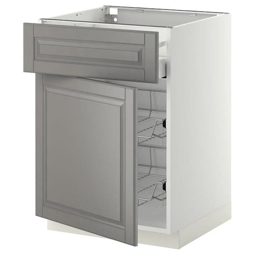 METOD / MAXIMERA - Base cab w wire basket/drawer/door, white/Bodbyn grey , 60x60 cm