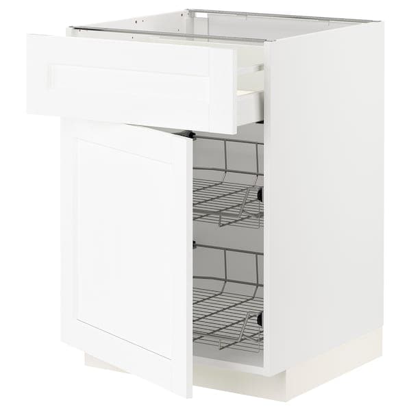 METOD / MAXIMERA - Base cab w wire basket/drawer/door, white Enköping/white wood effect, 60x60 cm