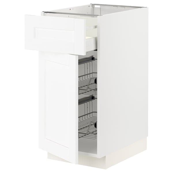 METOD / MAXIMERA - Base cab w wire basket/drawer/door, white Enköping/white wood effect, 40x60 cm