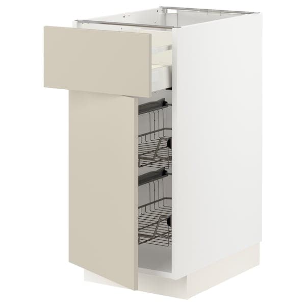 METOD / MAXIMERA - Base cab w wire basket/drawer/door, white/Havstorp beige