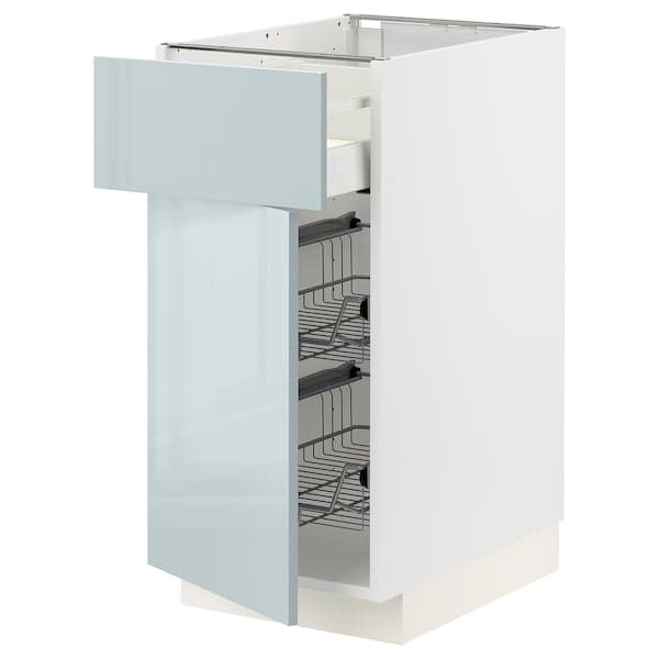 METOD / MAXIMERA - Base cab w wire basket/drawer/door, white/Kallarp light grey-blue, 40x60 cm