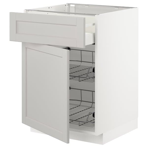 METOD / MAXIMERA - Base cab w wire basket/drawer/door, white/Lerhyttan light grey, 60x60 cm - best price from Maltashopper.com 19462717