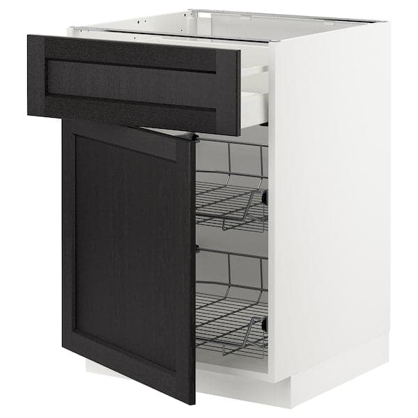 METOD / MAXIMERA - Base cab w wire basket/drawer/door, white/Lerhyttan black stained , 60x60 cm
