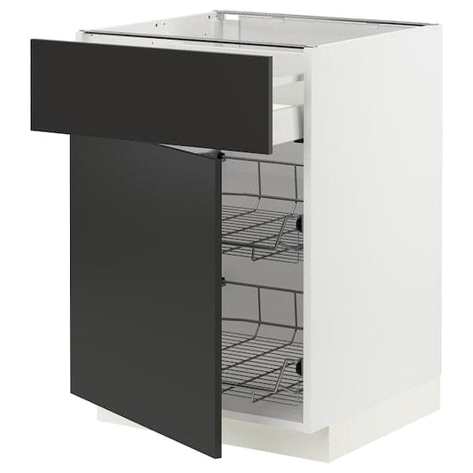 Ikea METOD / MAXIMERA - Base cab w wire basket/drawer/door, white/Nickebo matt anthracite , 60x60 cm