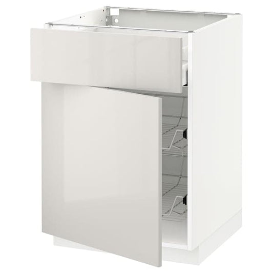 Ikea METOD / MAXIMERA - Base cab w wire basket/drawer/door, white/Ringhult light grey, 60x60 cm