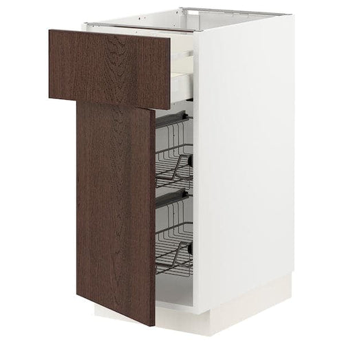 METOD / MAXIMERA - Base cab w wire basket/drawer/door, white/Sinarp brown , 40x60 cm