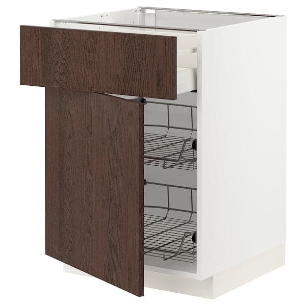 Ikea METOD / MAXIMERA - Base cab w wire basket/drawer/door, white/Sinarp brown , 60x60 cm