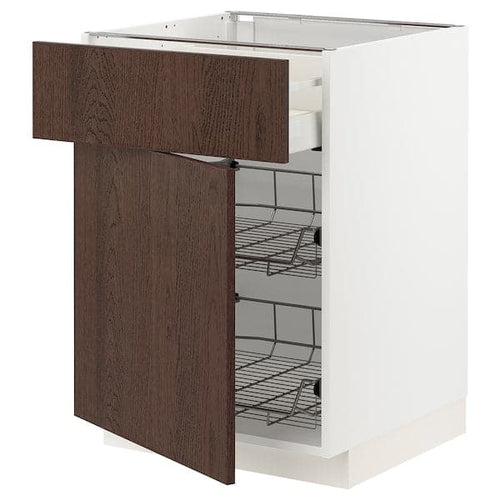 METOD / MAXIMERA - Base cab w wire basket/drawer/door, white/Sinarp brown , 60x60 cm