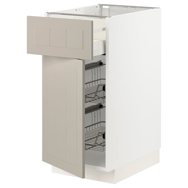 METOD / MAXIMERA - Base cab w wire basket/drawer/door, white/Stensund beige, 40x60 cm