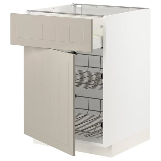 Ikea METOD / MAXIMERA - Base cab w wire basket/drawer/door, white/Stensund beige, 60x60 cm