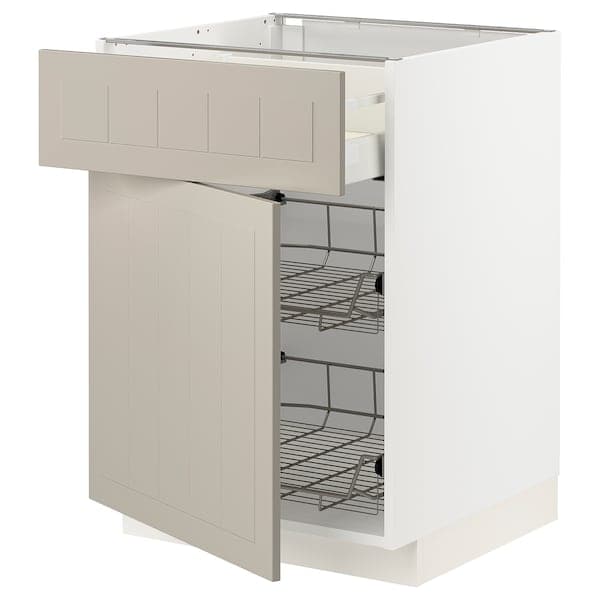 METOD / MAXIMERA - Base cab w wire basket/drawer/door, white/Stensund beige, 60x60 cm