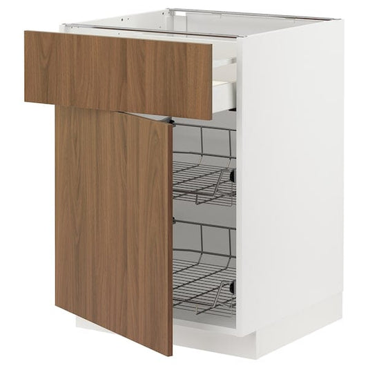 Ikea METOD / MAXIMERA - Base cab w wire basket/drawer/door, white/Tistorp brown walnut effect, 60x60 cm