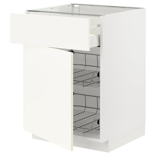 METOD / MAXIMERA - Base cab w wire basket/drawer/door, white/Vallstena white, 60x60 cm