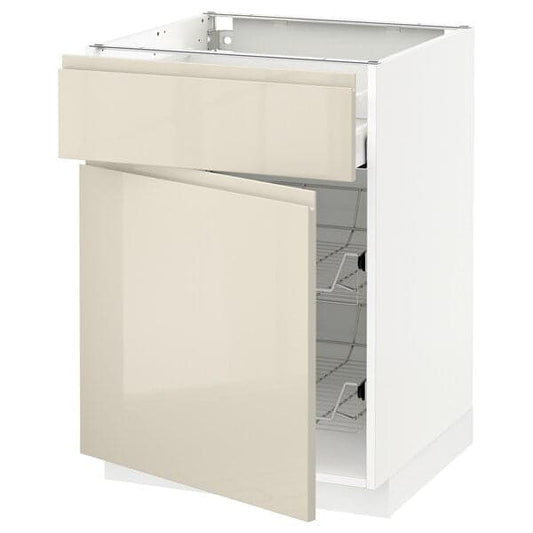 Ikea METOD / MAXIMERA - Base cab w wire basket/drawer/door, white/Voxtorp high-gloss light beige, 60x60 cm
