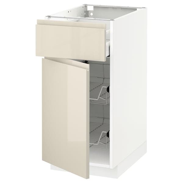 Ikea METOD / MAXIMERA - Base cab w wire basket/drawer/door, white/Voxtorp high-gloss light beige, 40x60 cm