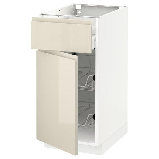 Ikea METOD / MAXIMERA - Base cab w wire basket/drawer/door, white/Voxtorp high-gloss light beige, 40x60 cm