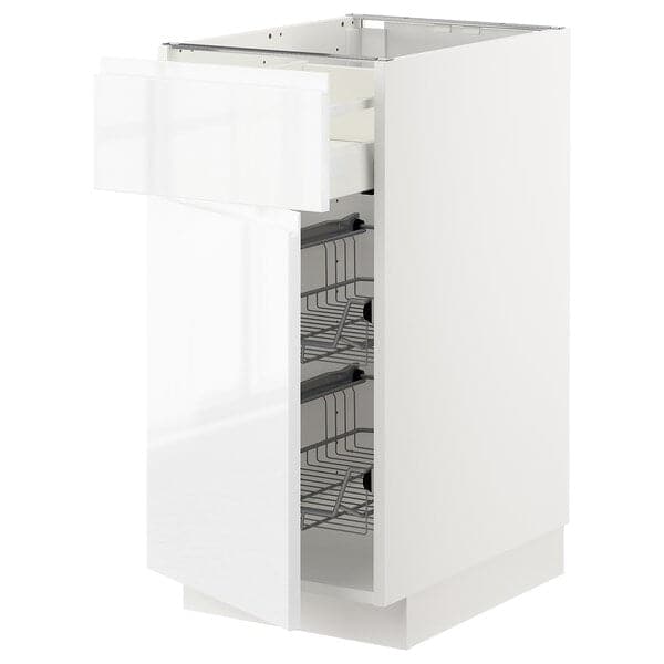 METOD / MAXIMERA - Base cab w wire basket/drawer/door, white/Voxtorp high-gloss/white, 40x60 cm - best price from Maltashopper.com 59465356